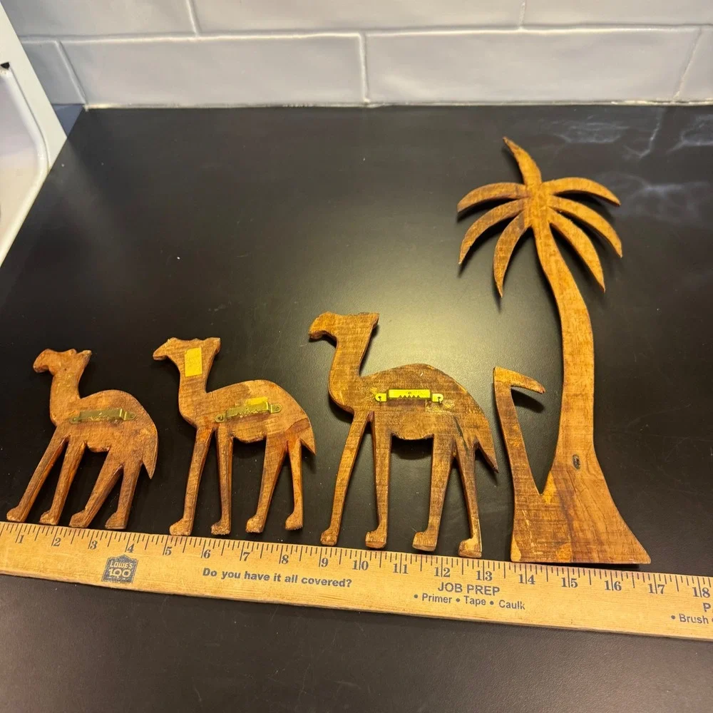 Handcrafted Wood Wall Art Set 4pc Brown Camel Palm Tree Desert Silhouette Decor